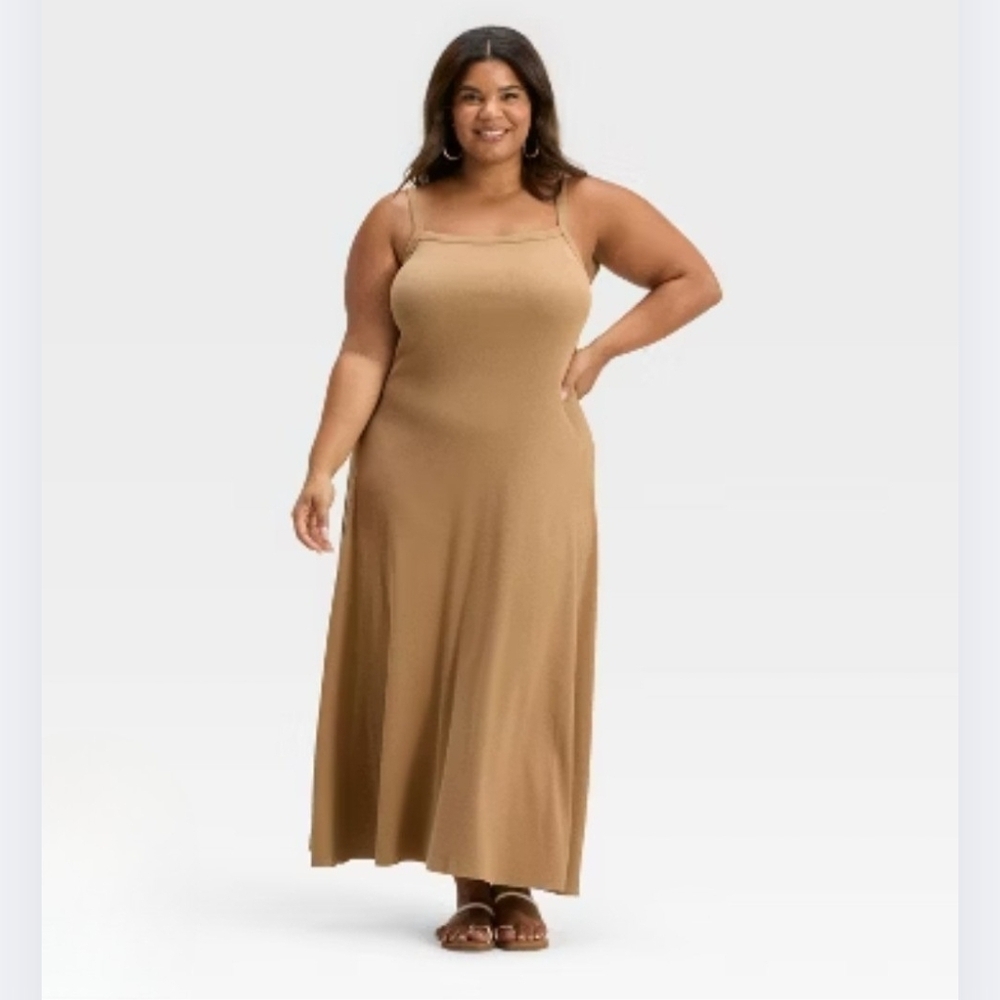 Universal Thread L Tan Ribbed Flared Maxi Dress Spaghetti Straps Stretch 2363-k